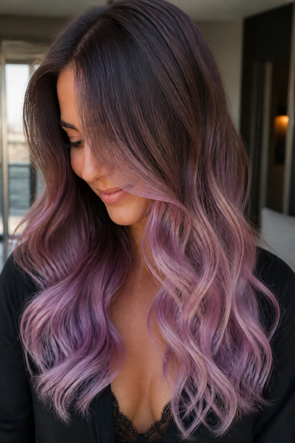 Close-up of brown hair with lilac melted ends and gradient from root to tip