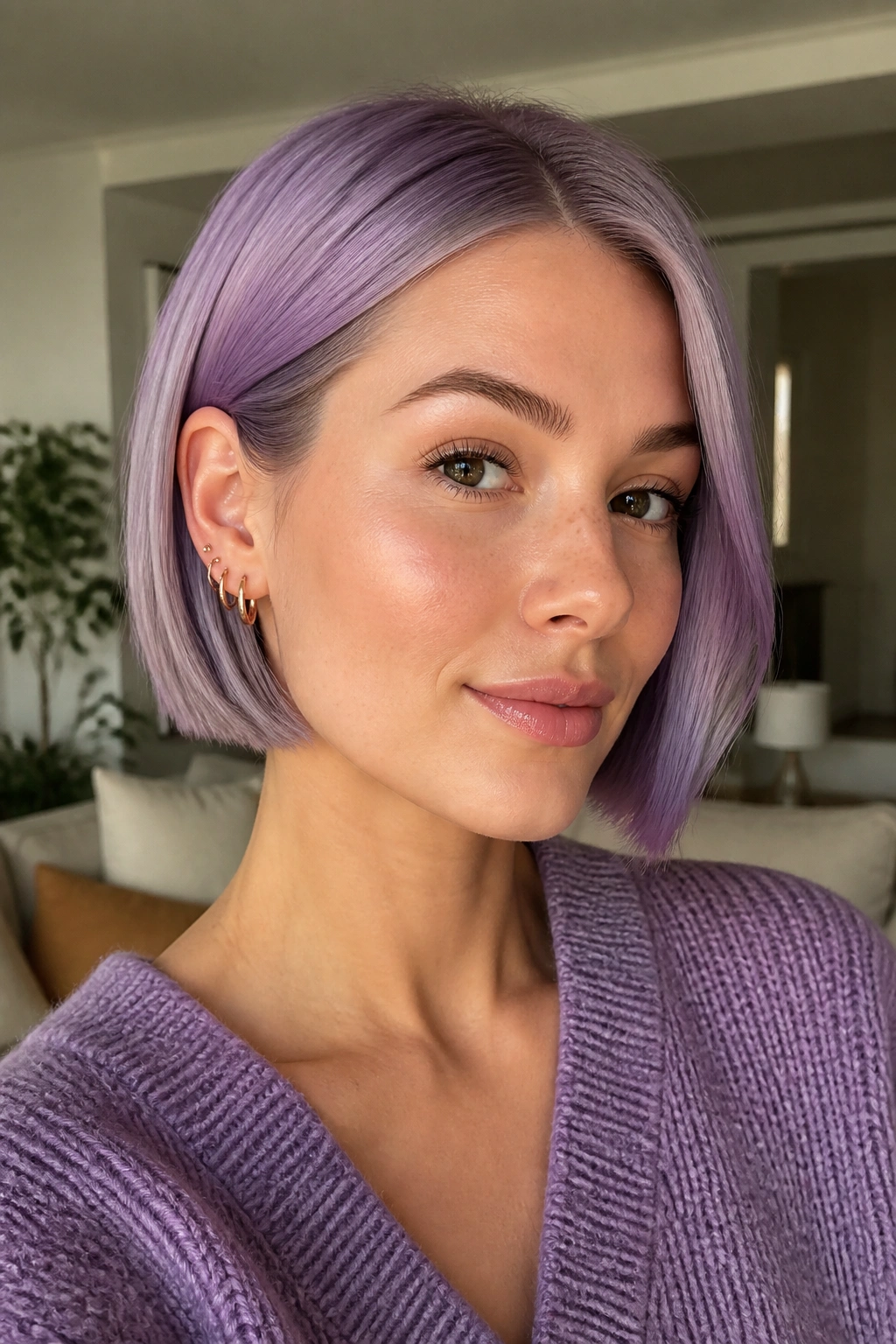 Close-up of a real woman with lilac micro bob tucked behind the ear