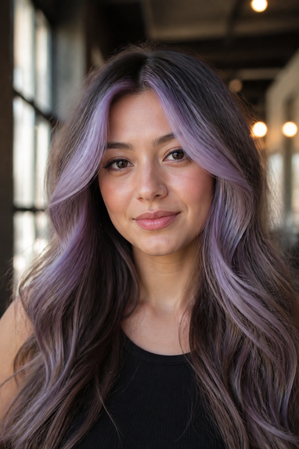 Close-up portrait of lilac money piece framing the face on ash brown hair