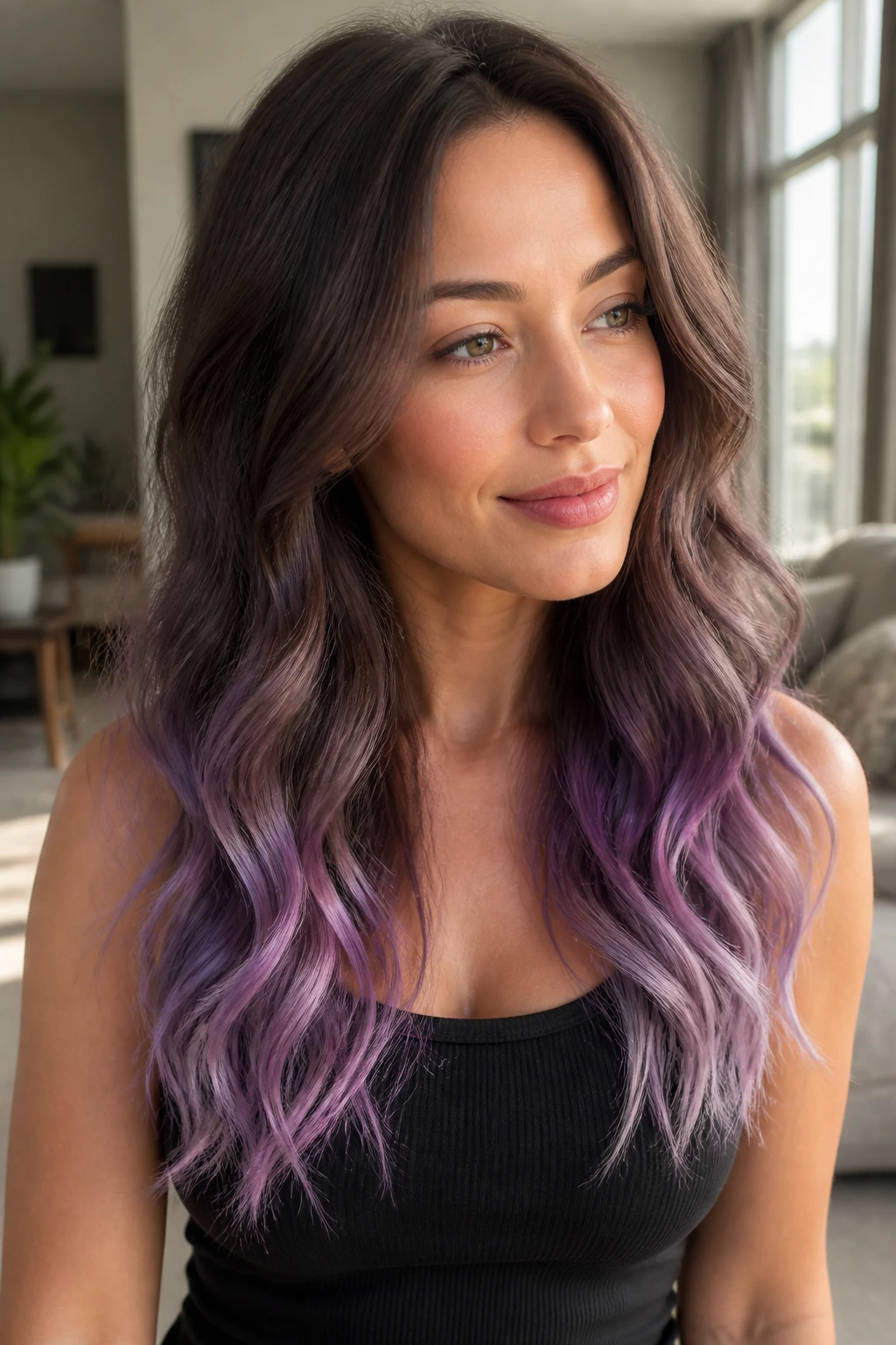 Medium close-up of a real person with lilac ombré on chocolate hair
