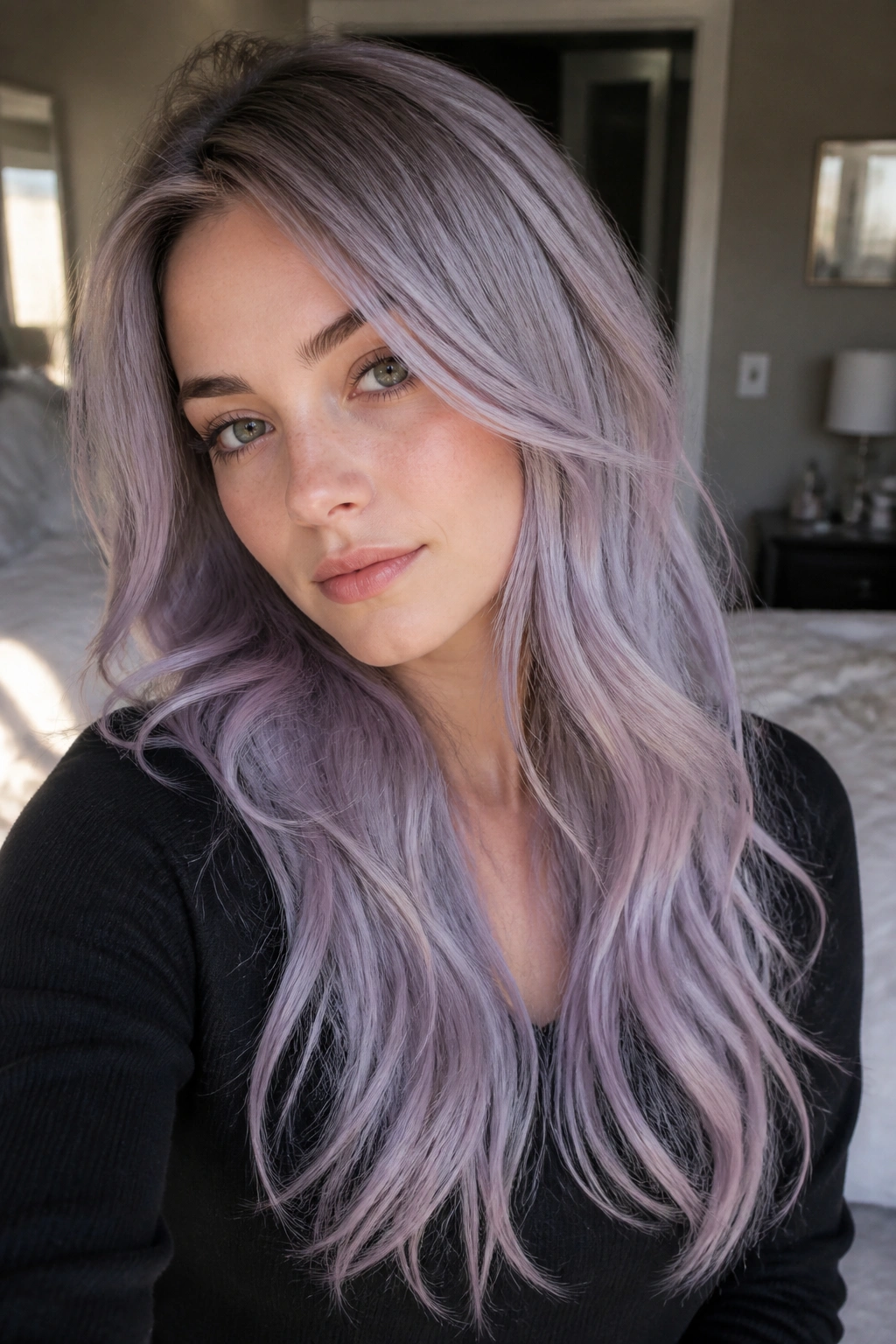 Close-up of a woman with dusty lilac ombré on long layers, cool-toned gradient