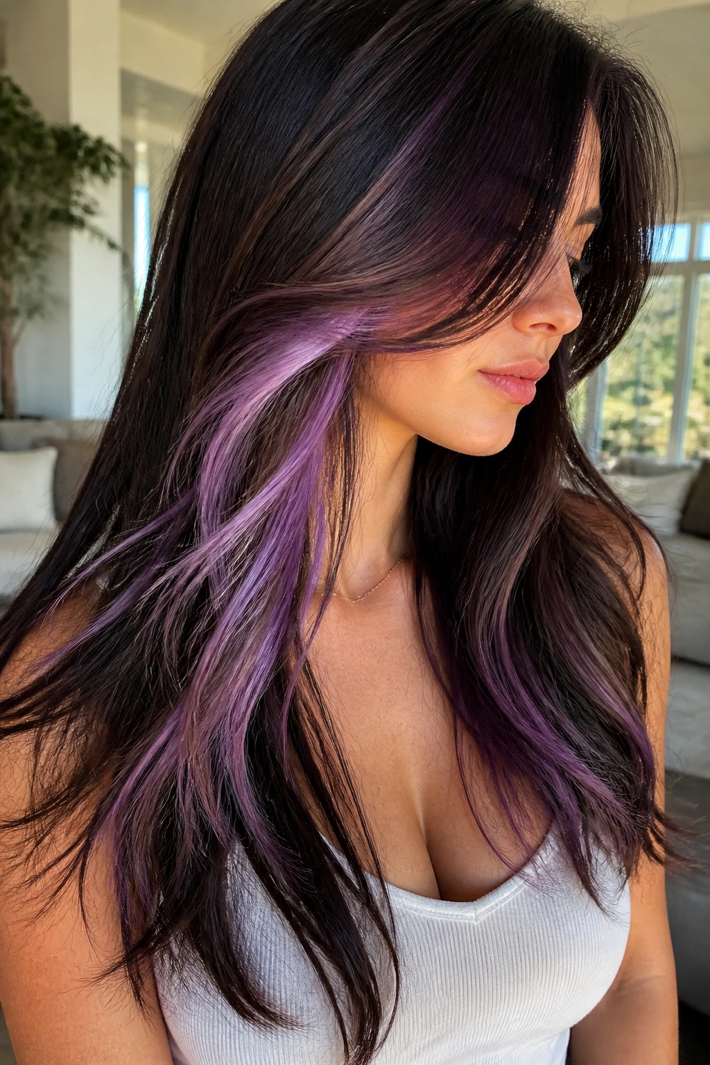 Close-up of lilac peekaboo layers in long brown hair