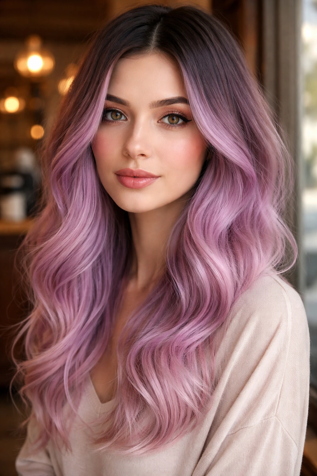 Close-up of Lilac-Pink Balayage hair with root melt into lilac-pink ends on a real person