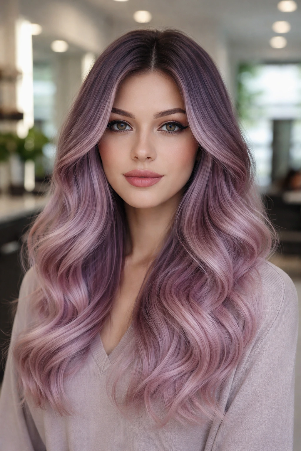 Real person with cool lilac-pink melt hair in a salon setting