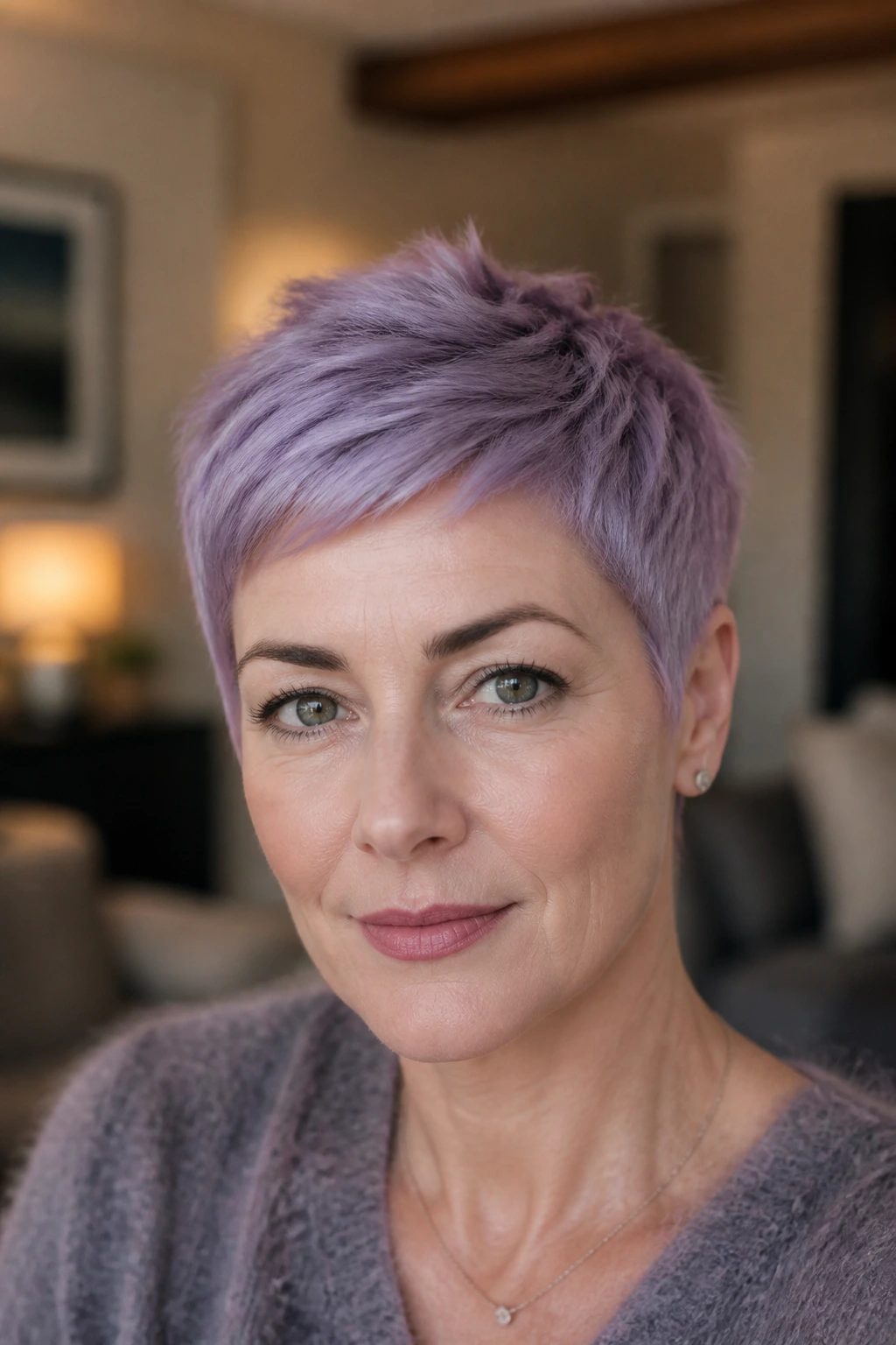 Close-up of a woman with lilac pixie cut
