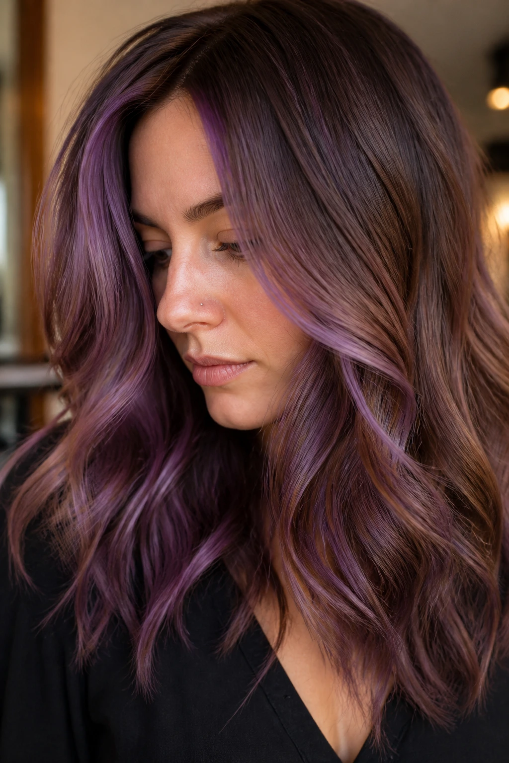 Portrait of a person with lilac and plum highlights for soft dimension on brown hair