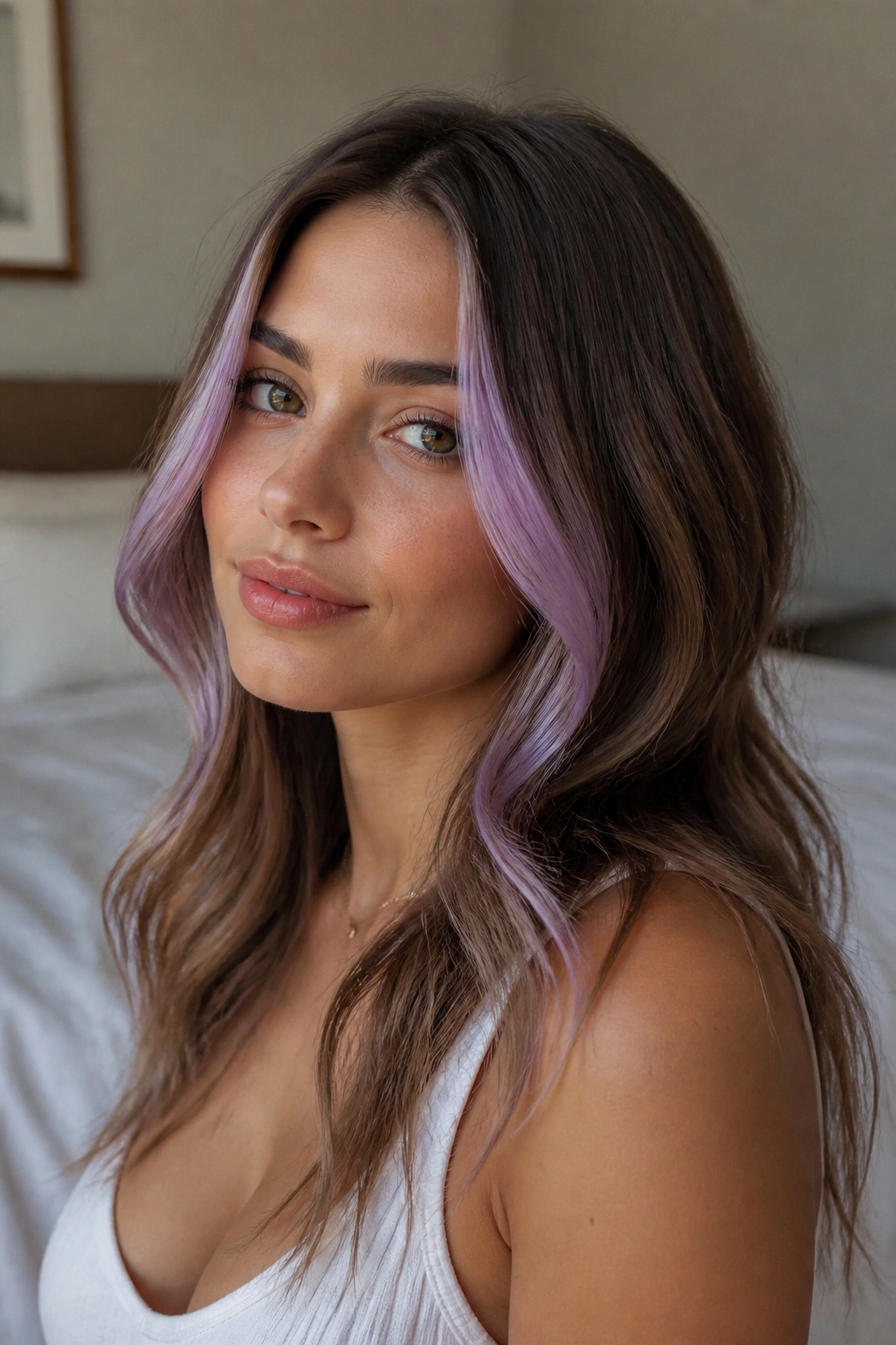 Close-up of a woman with face-framing lilac ribbons in brown hair