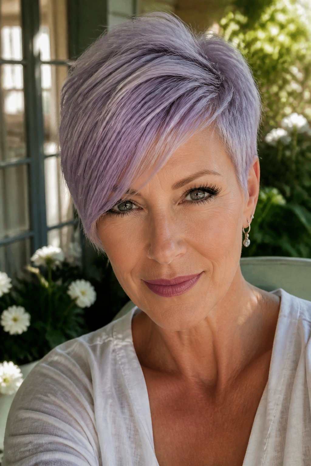 Real woman with lilac side-swept pixie hairstyle in garden veranda