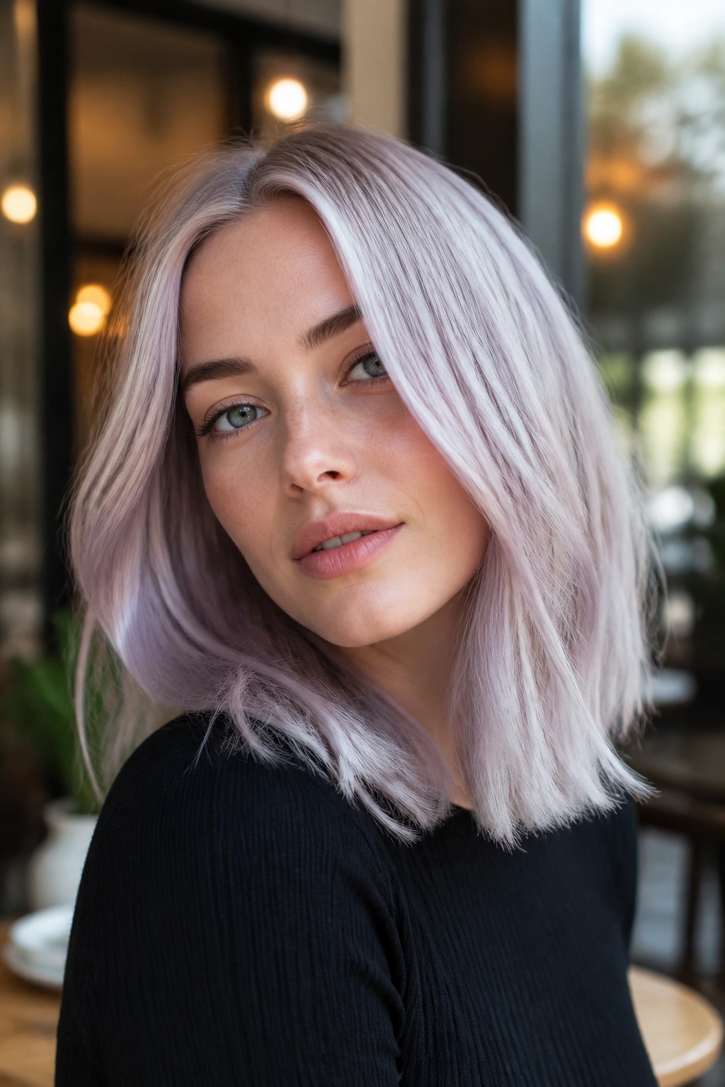 Close-up portrait of a real woman with lilac-silver hair and cool skin in a sunlit cafe.