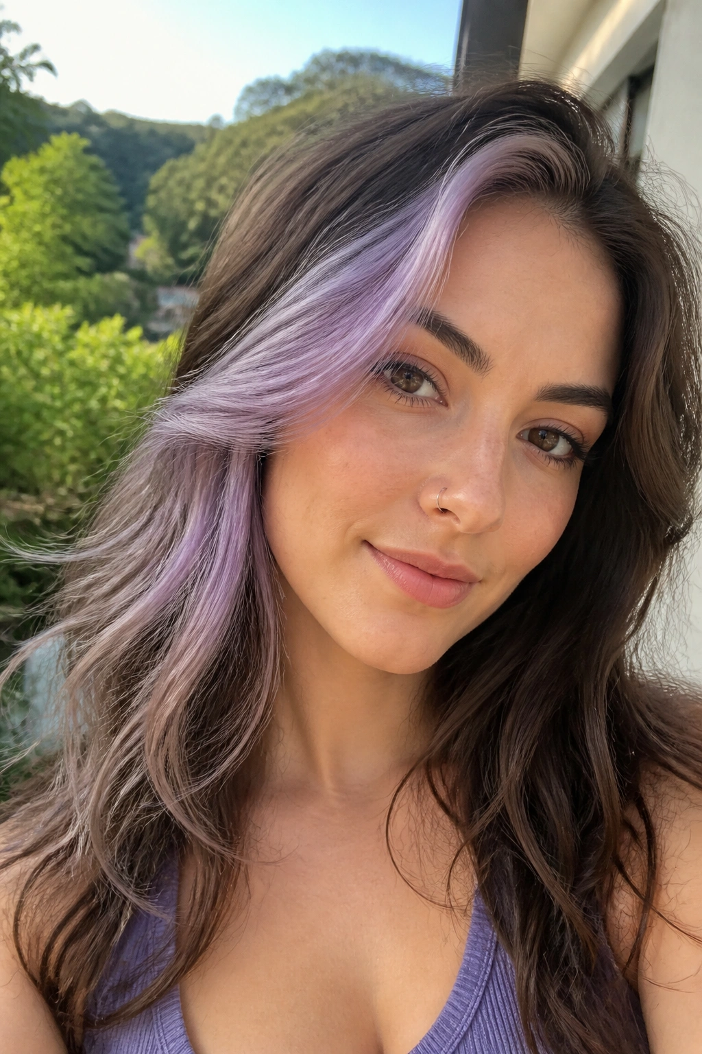 Close-up portrait of a real woman with a lilac stripe on brown hair