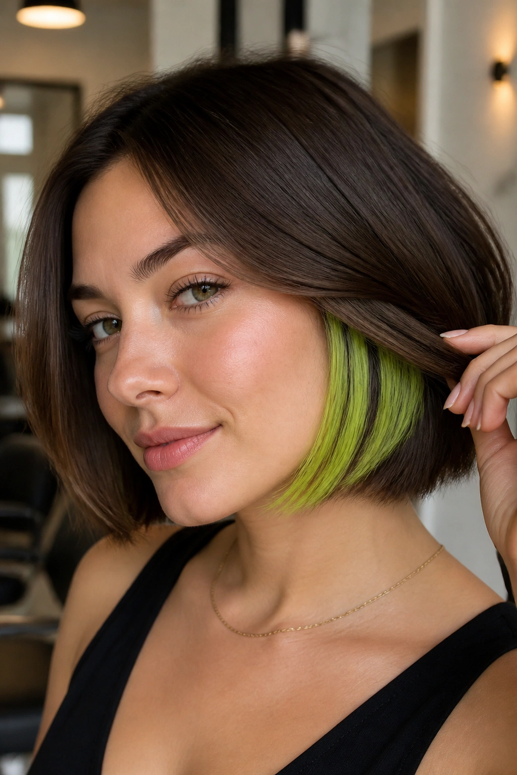 Brunette bob with lime underlayer peeking from beneath