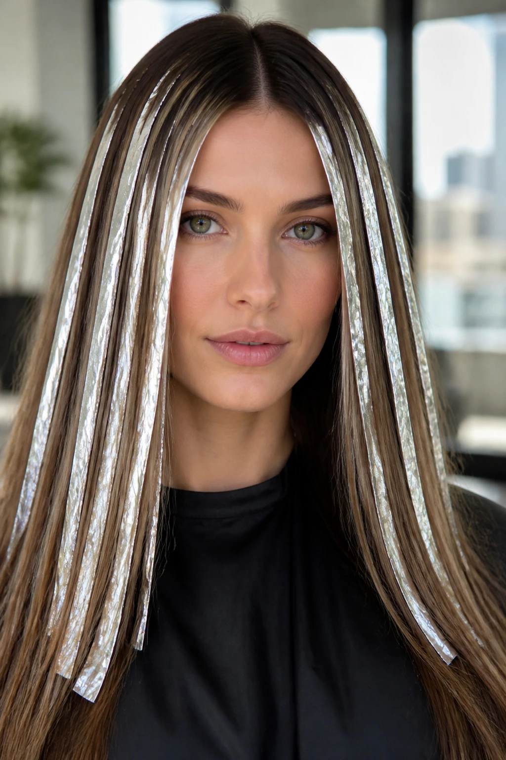 Sleek straight brown hair with linear platinum foils on a real person.