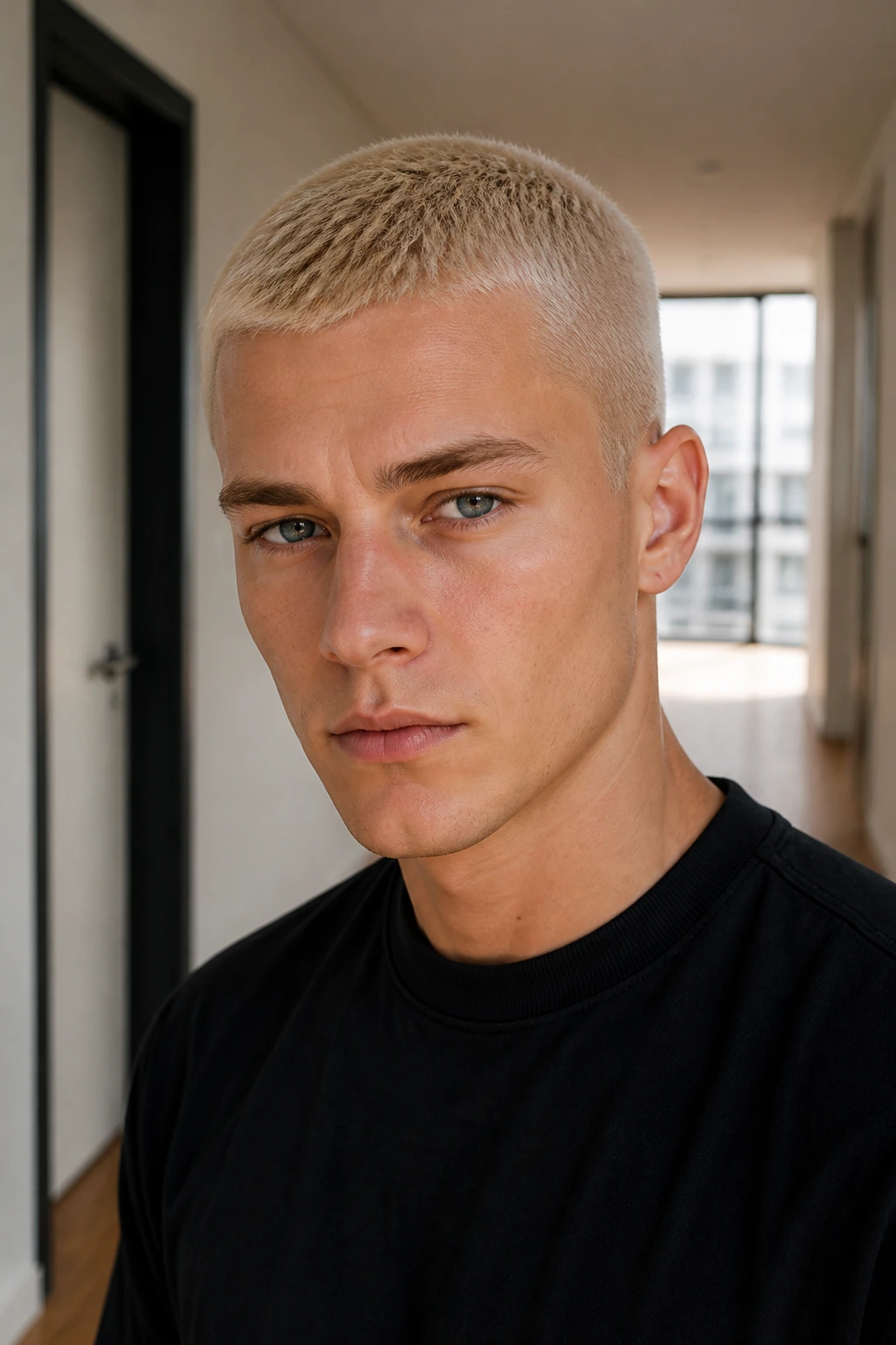 Man with linen blonde crew cut portrait in a hallway