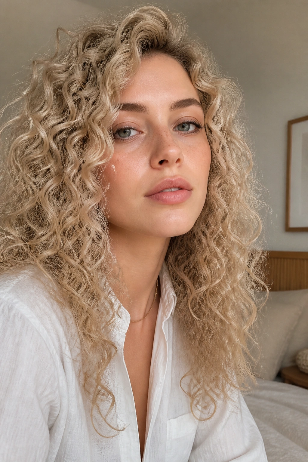 Close-up portrait of a real woman with linen beige blonde on curls in natural light