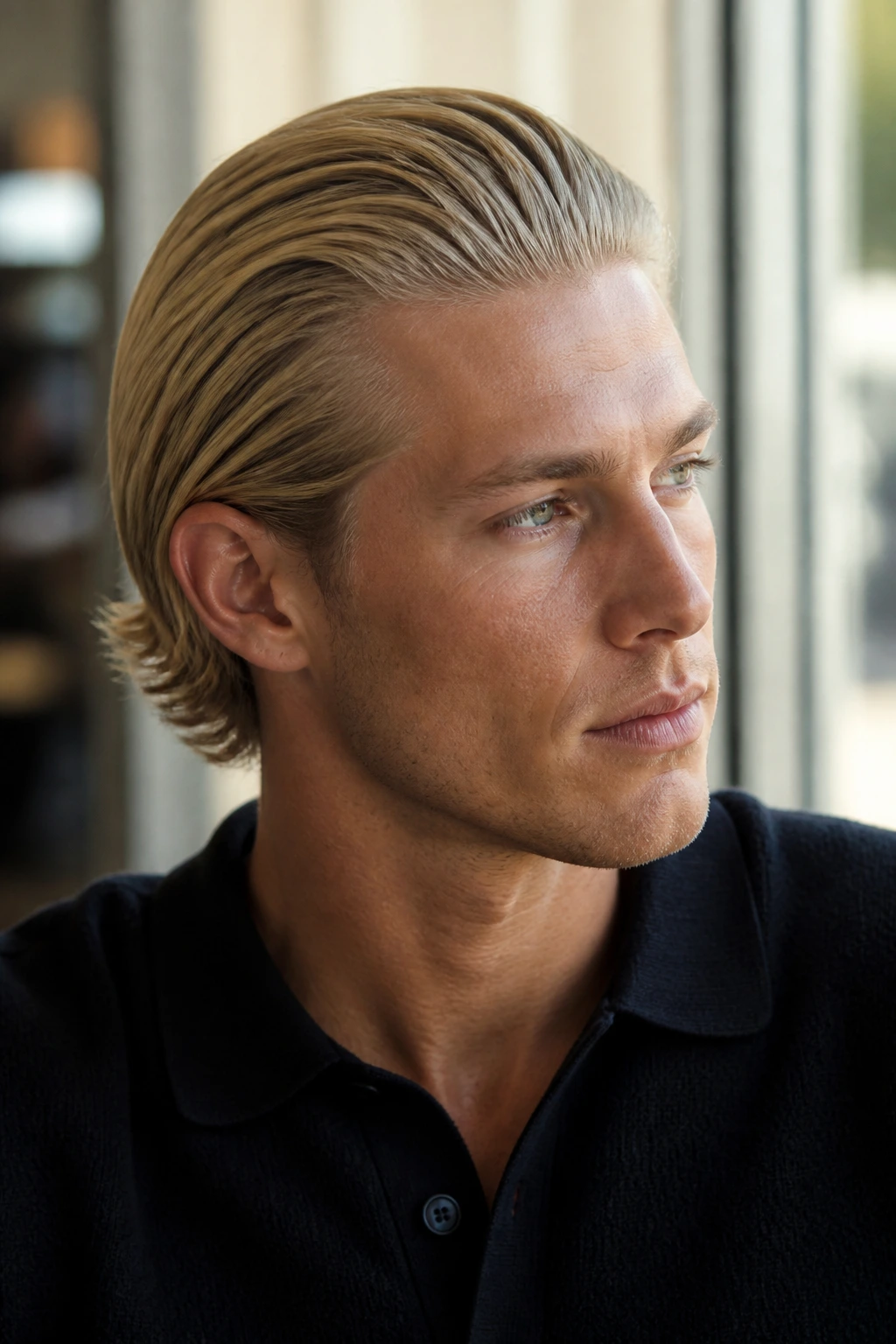 Close-up of a real man with linen-blonde slick-back hairstyle in natural daylight