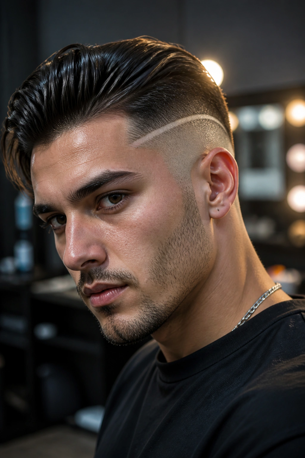 Portrait showing a shaved side with a single graphic line