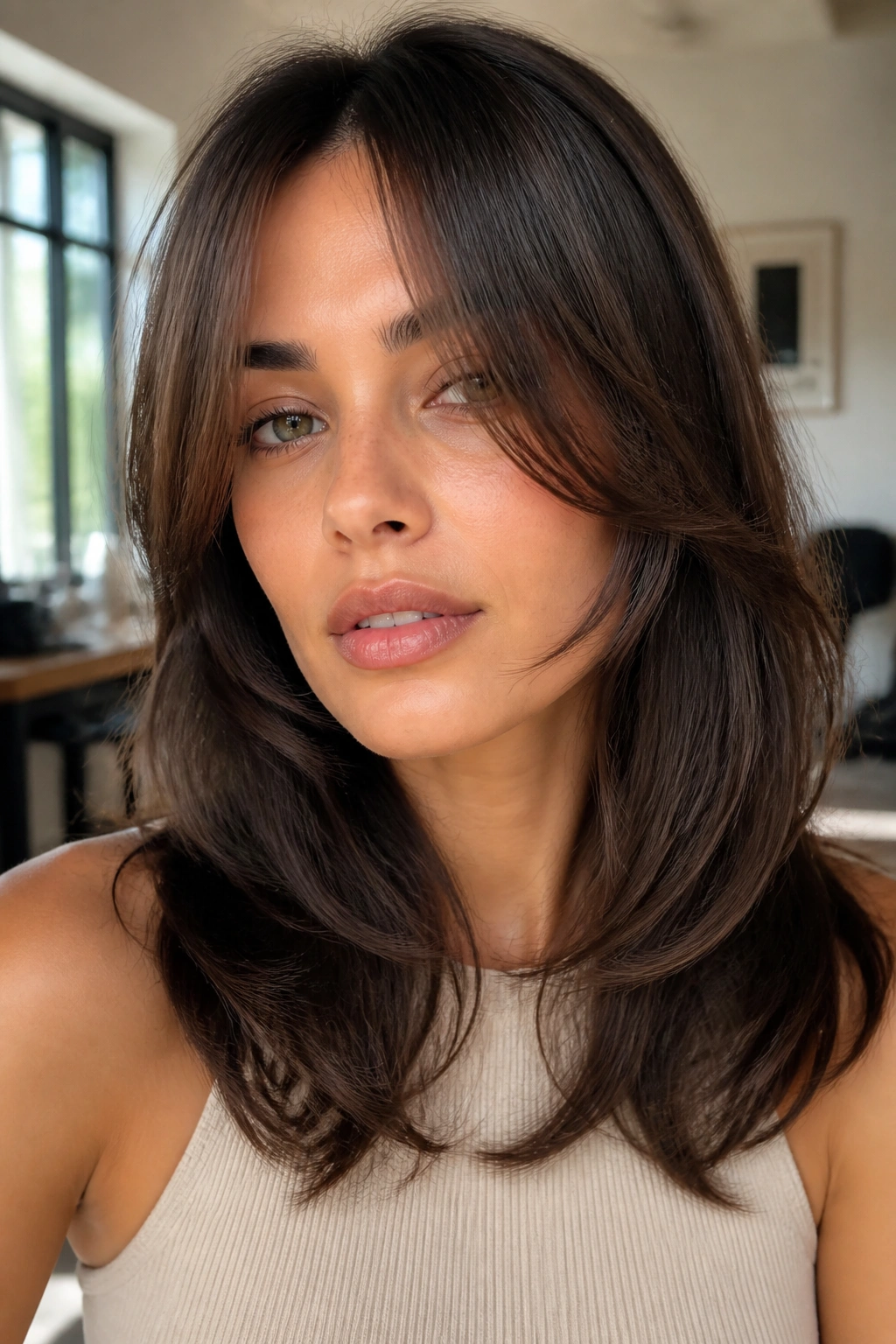 Close-up of a woman with lip-length curtain bangs and a soft center split