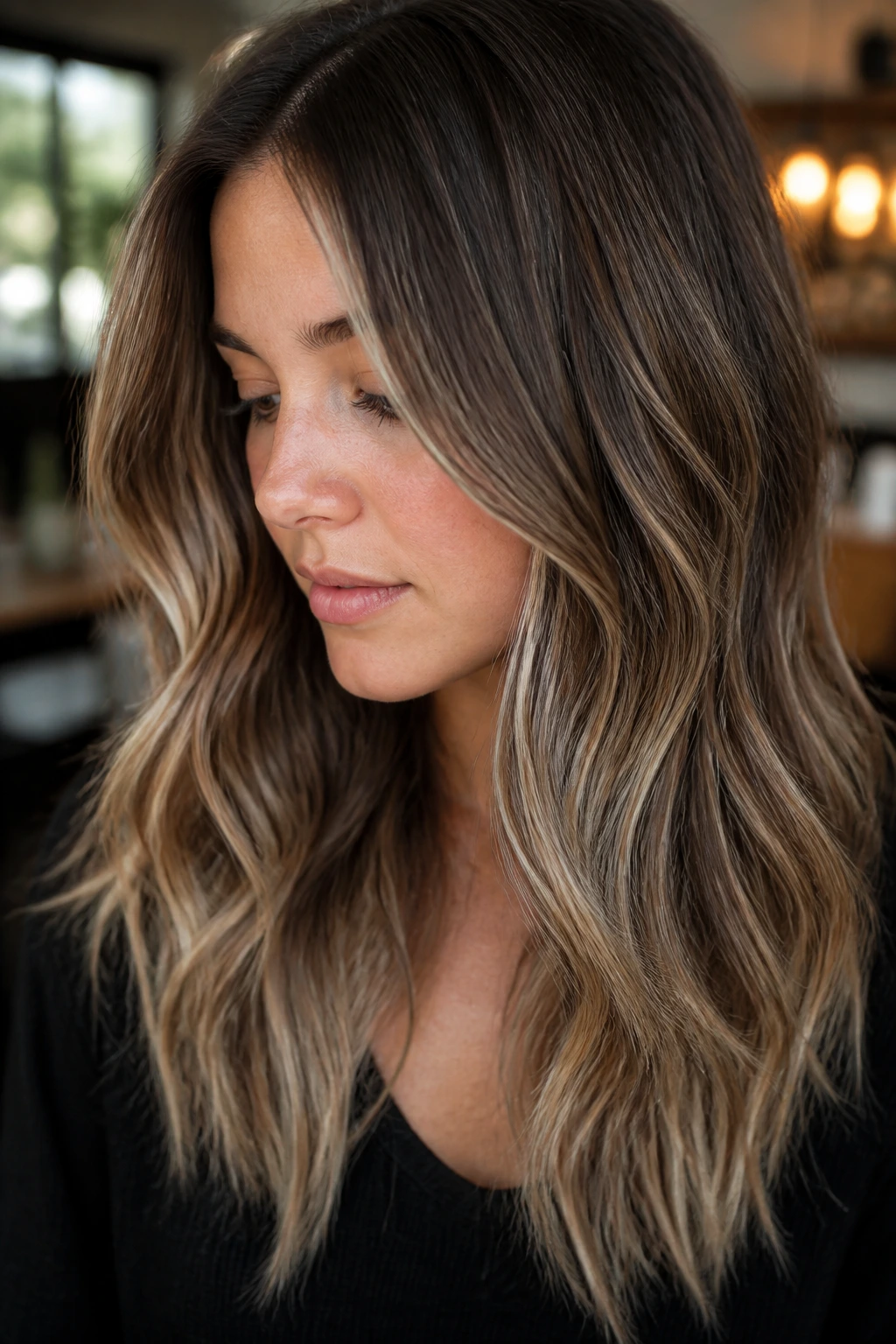 Close-up portrait of brown hair with lived-in ash highlights and subtle root melt