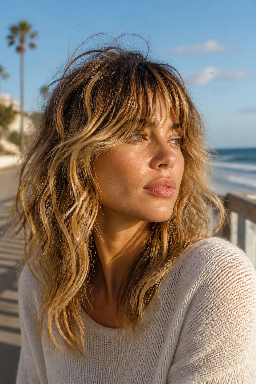 Portrait of woman with lived-in beach shag and voluminous crown
