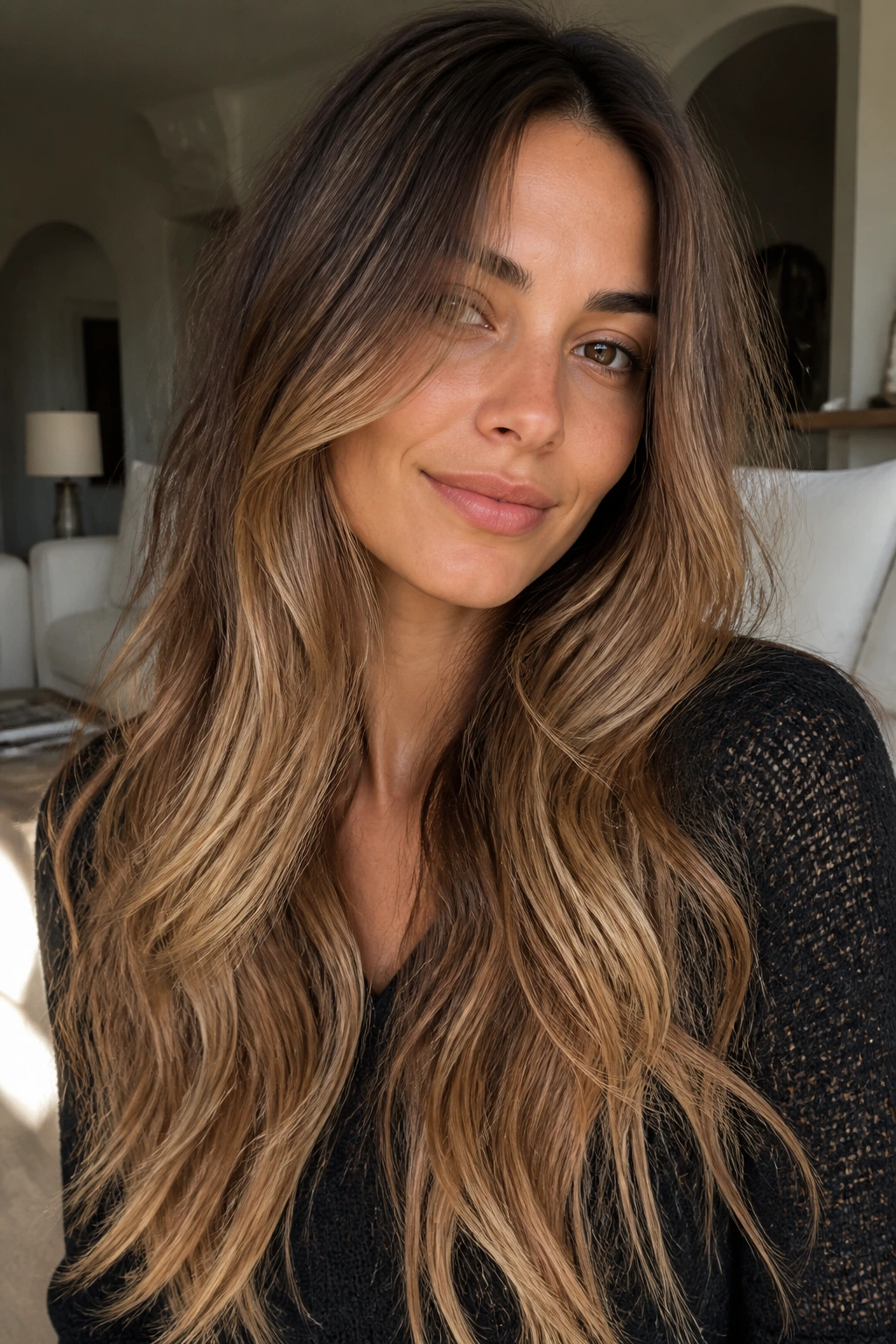 Close-up of a real woman with lived-in bronde long layers, soft roots and lighter ends