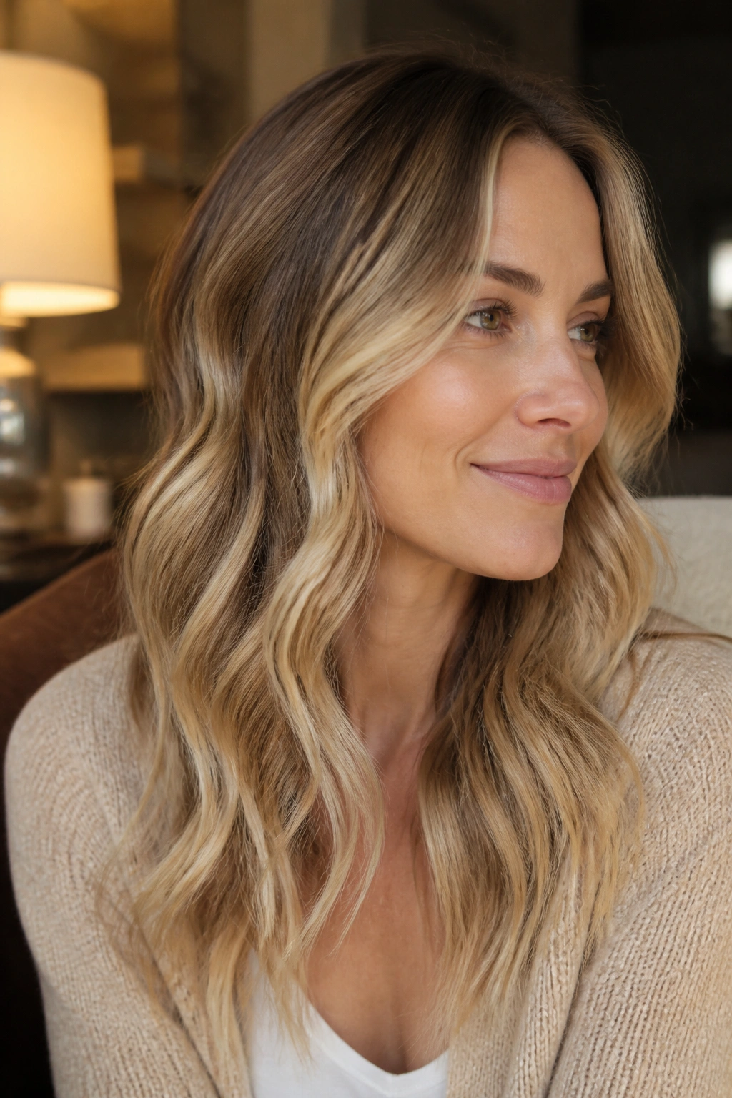 Close-up of lived-in buttery blonde balayage on a real person.