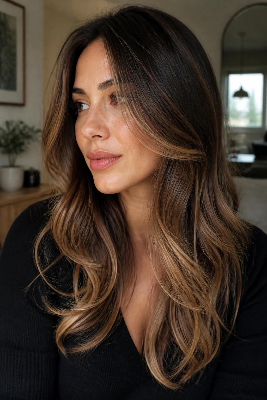 Close-up of a real woman with lived-in caramel ombre and long layers