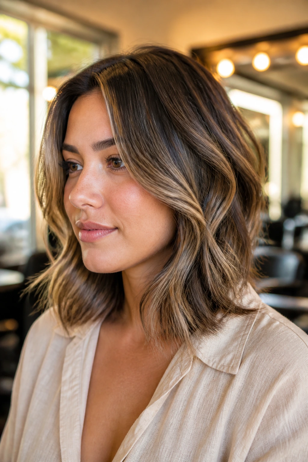 Close-up of a real woman with a lived-in lob and sandy chocolate balayage in a sunlit salon