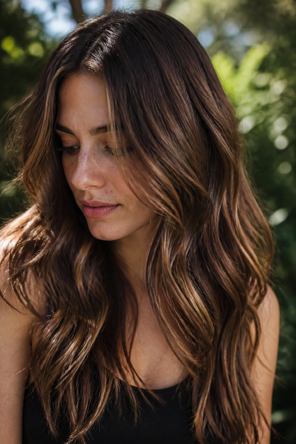 Close-up of lived-in chestnut ribbons with a glossy finish on brown hair.