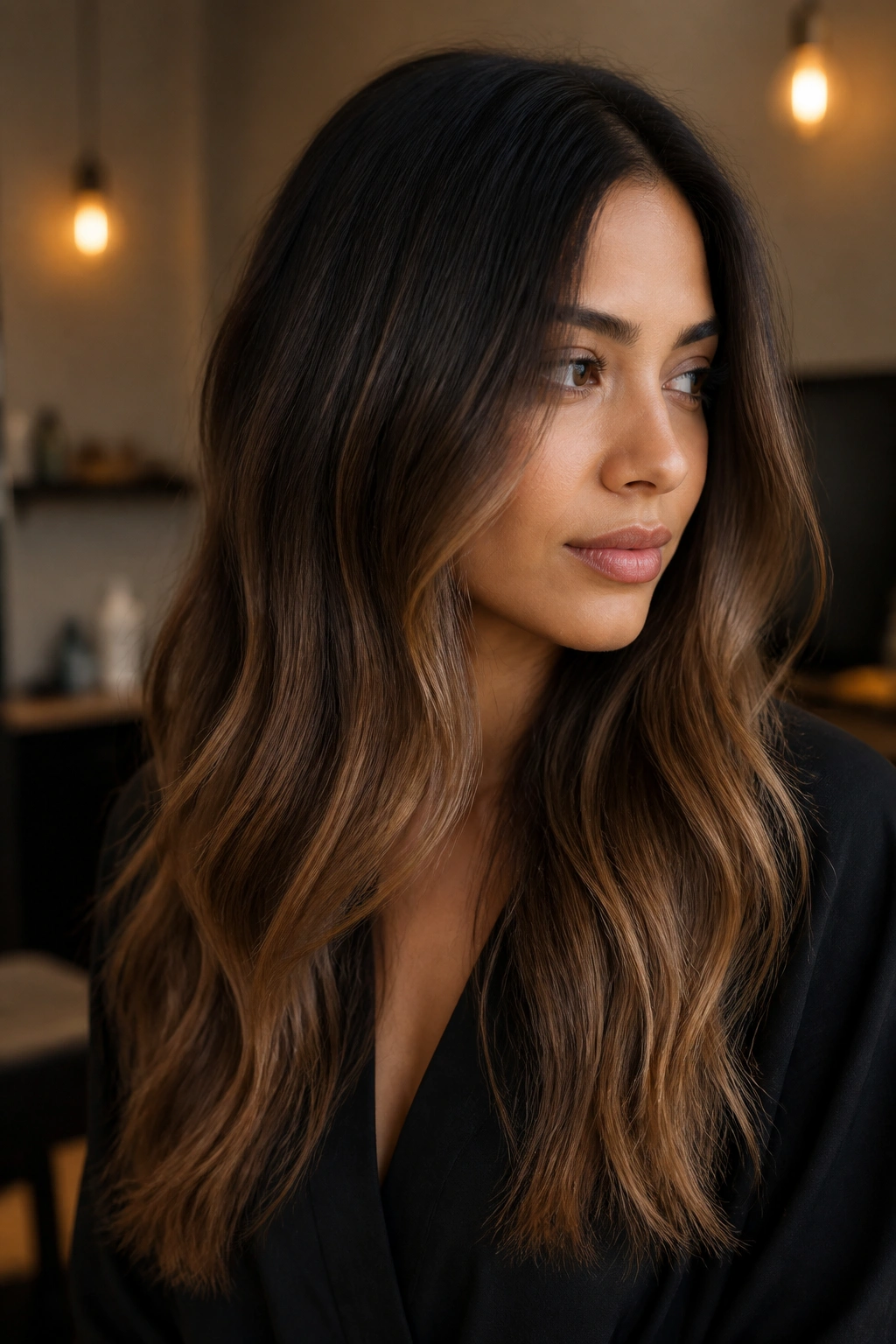 Close-up of a real woman with lived-in brown ombre and shadow root