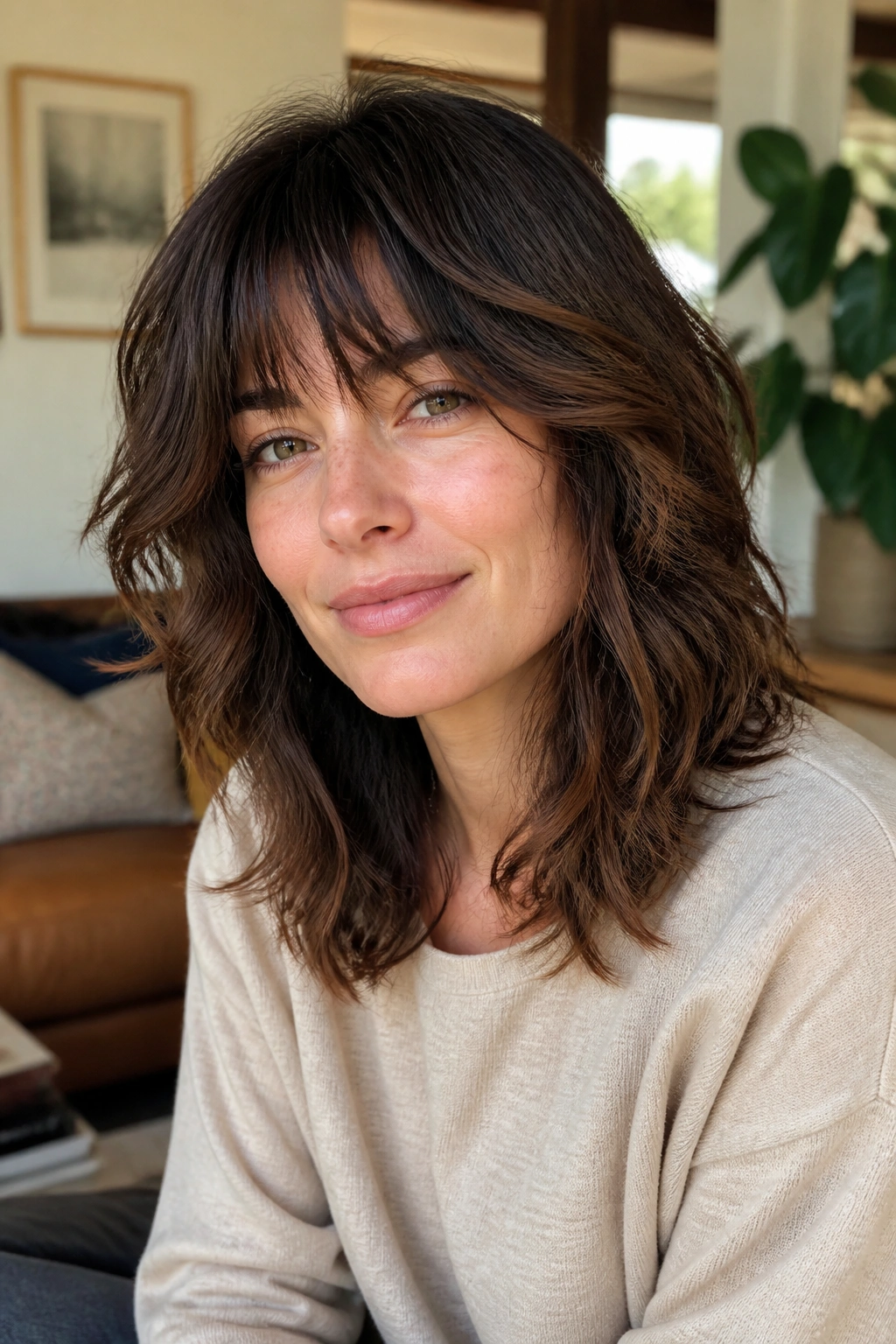 Close-up portrait of a real person with a lived-in wavy shag and soft finish.