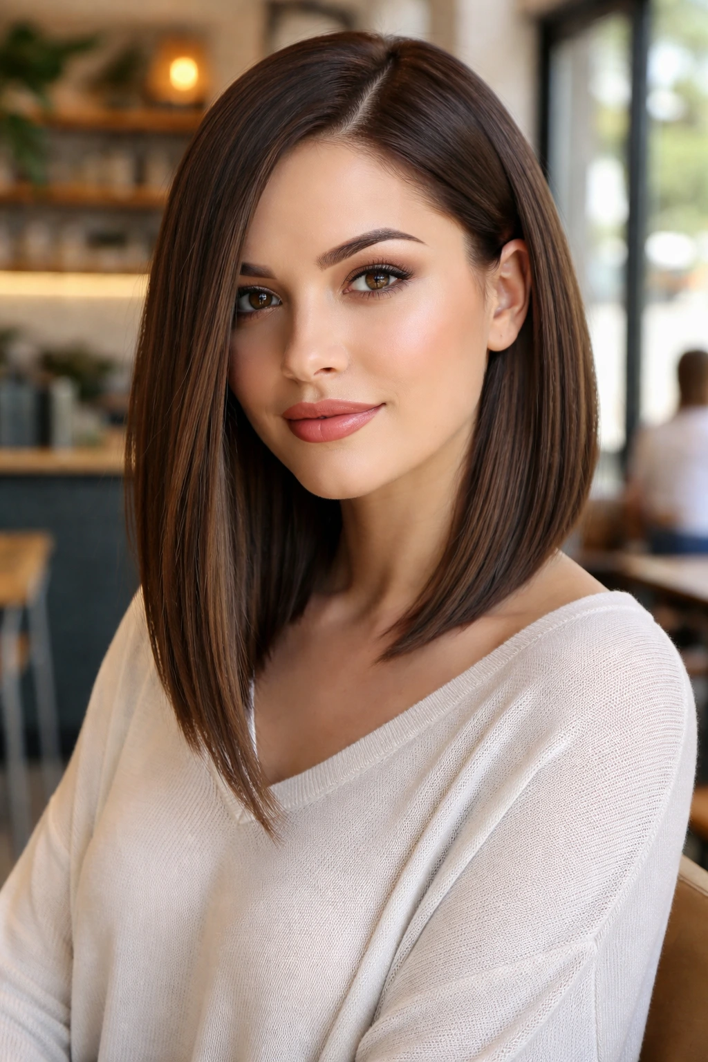 Close-up portrait of a real woman with an asymmetric long bob.