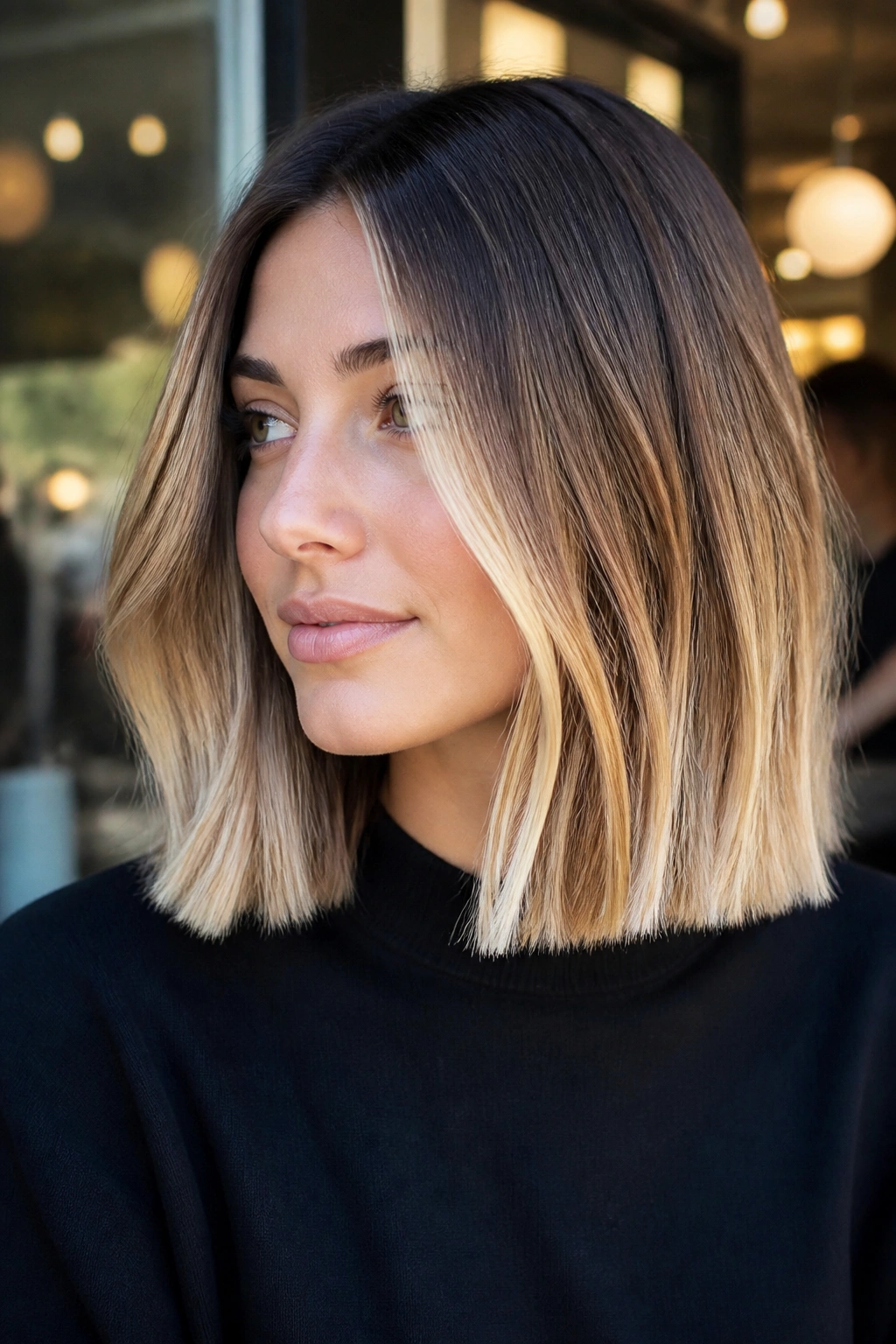 Close-up of a real woman with lob-length blonde balayage and blunt ends.