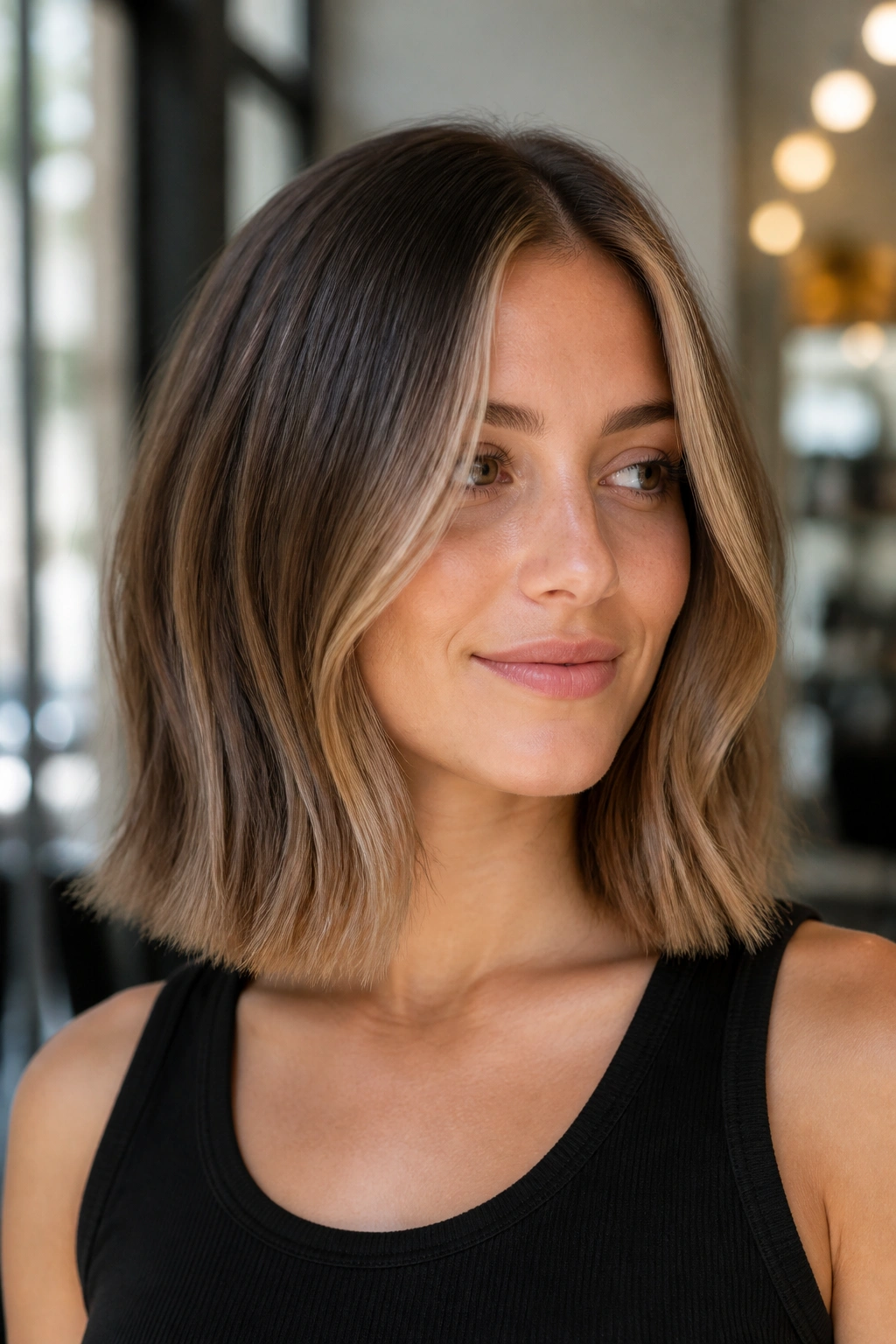 Close-up portrait of a person with blunt lob and buttery caramel balayage highlights.