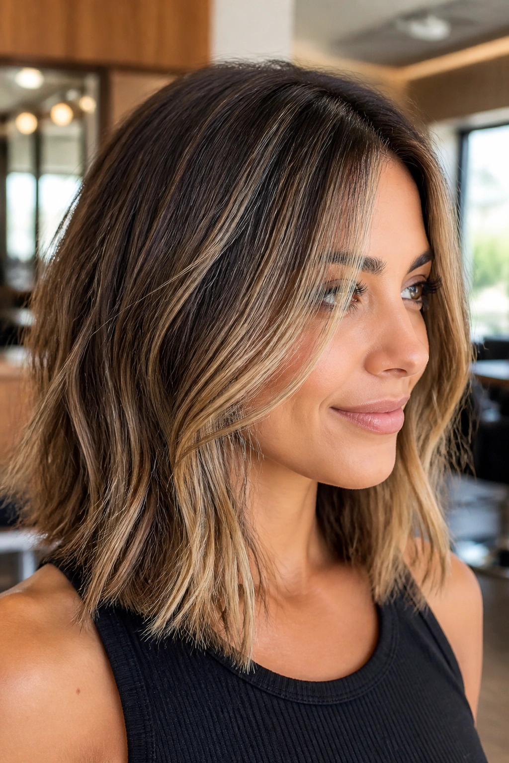 Close-up of lob-length hair with micro-stroke balayage on top layers
