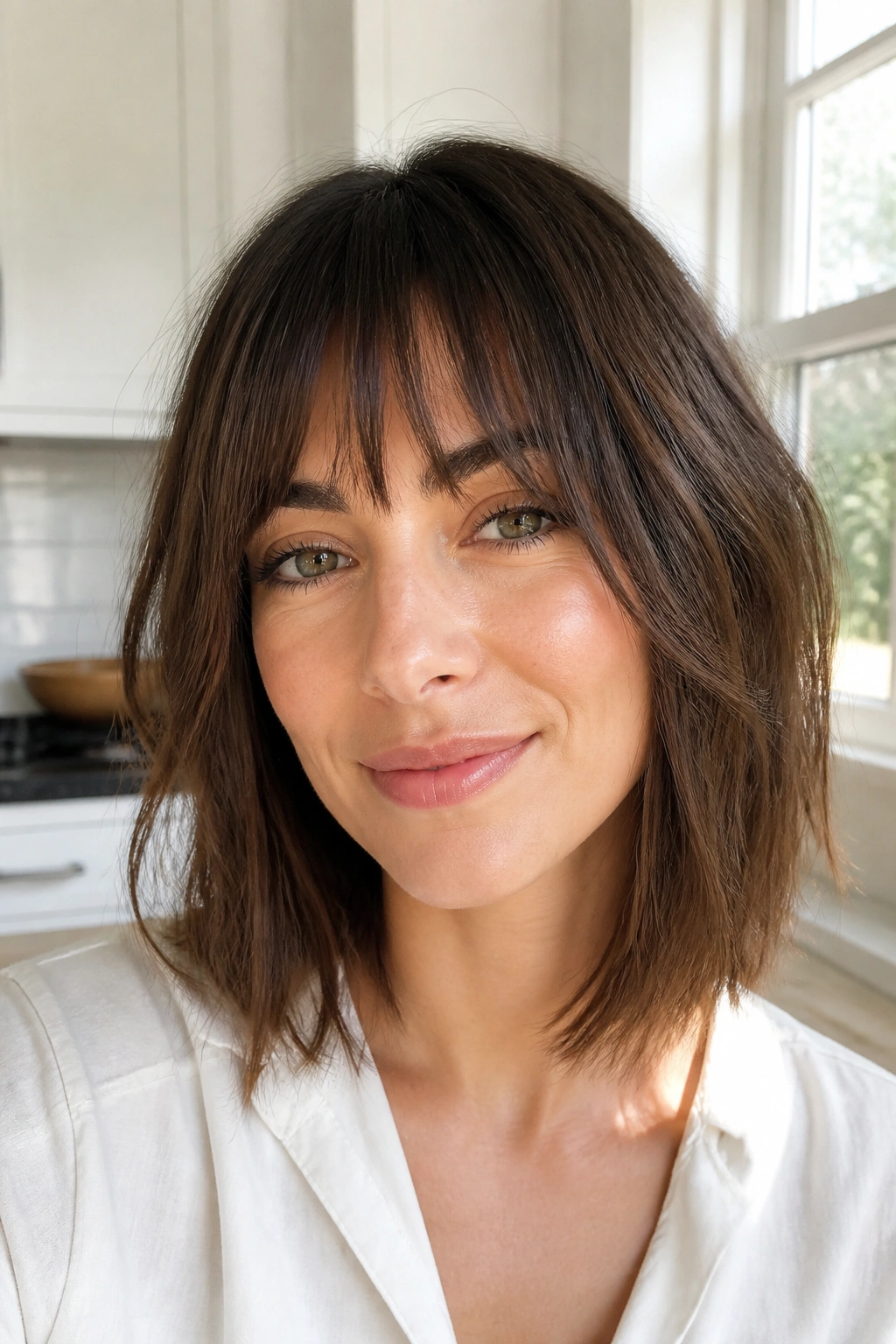 Portrait of a person with choppy bangs blending into a lob
