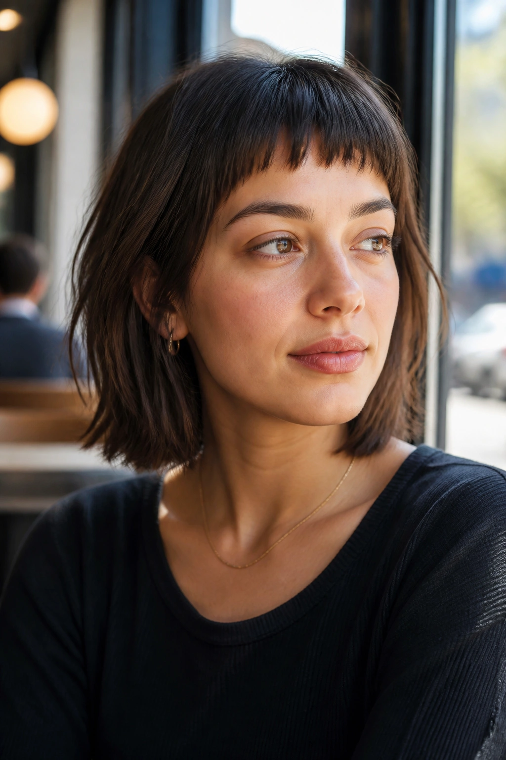 Close-up of a real person with a lob and micro bangs
