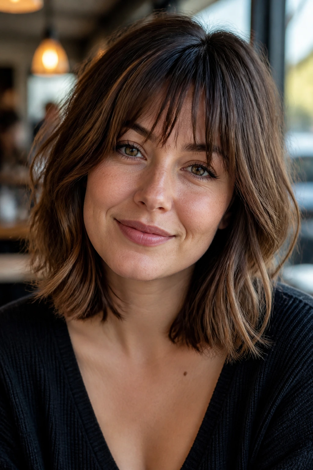 Close-up of a real woman with a collarbone-length lob and choppy bangs in a sunlit cafe.