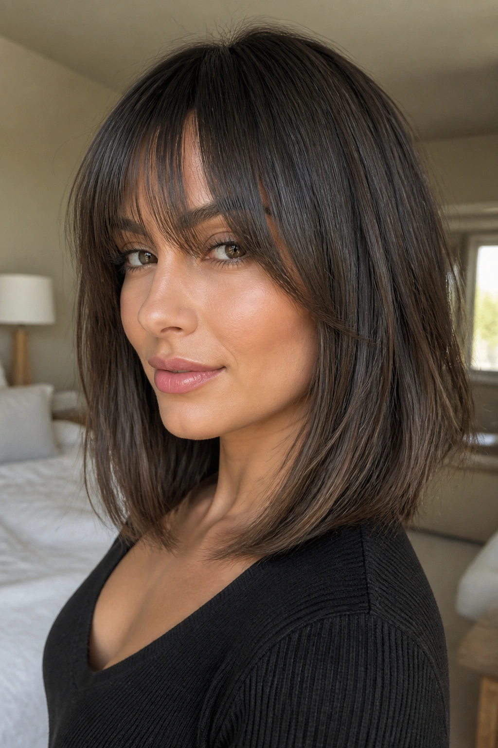 Close-up portrait of a real woman with a long bob and cheekbone bangs