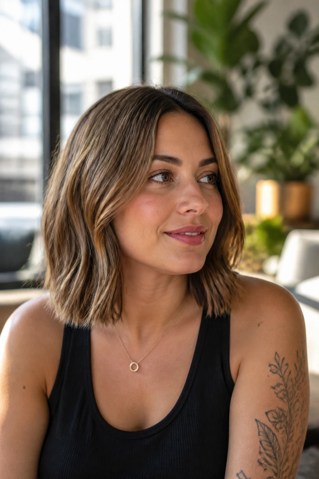 Real woman with shoulder-length lob and soft bends in natural light