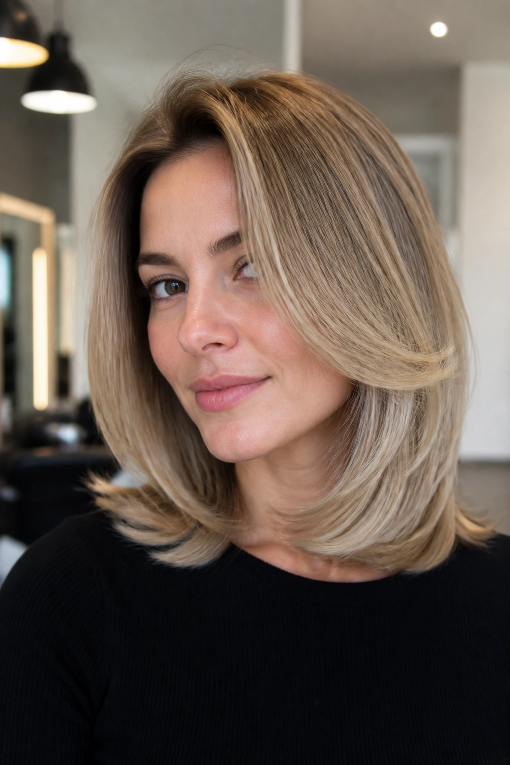 Close-up of a real woman with a shoulder-length lob and voluminous smooth blowout.