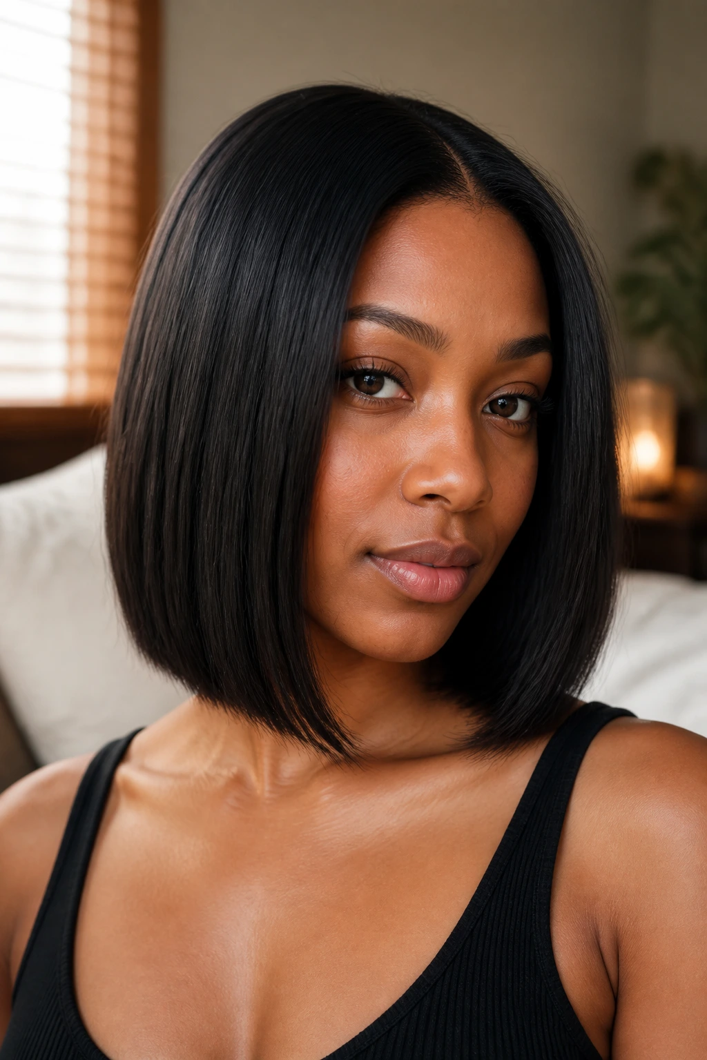 Close-up of a real woman with a lob-length black bob for fine hair in warm window light