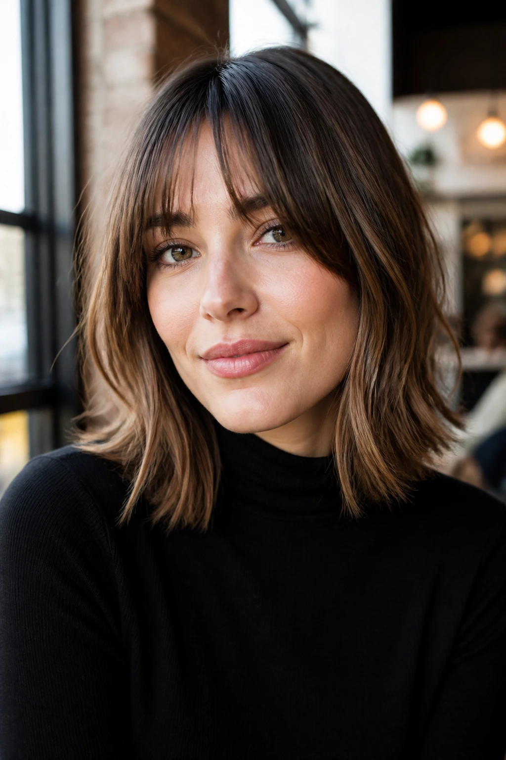 Close-up of a real person with a lob and bottleneck bangs.
