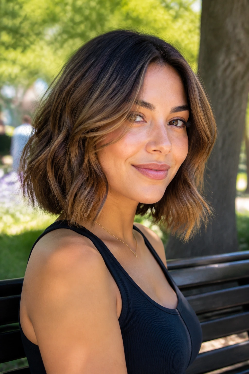 Real woman with lob-length bob and cheekbone layers on park bench