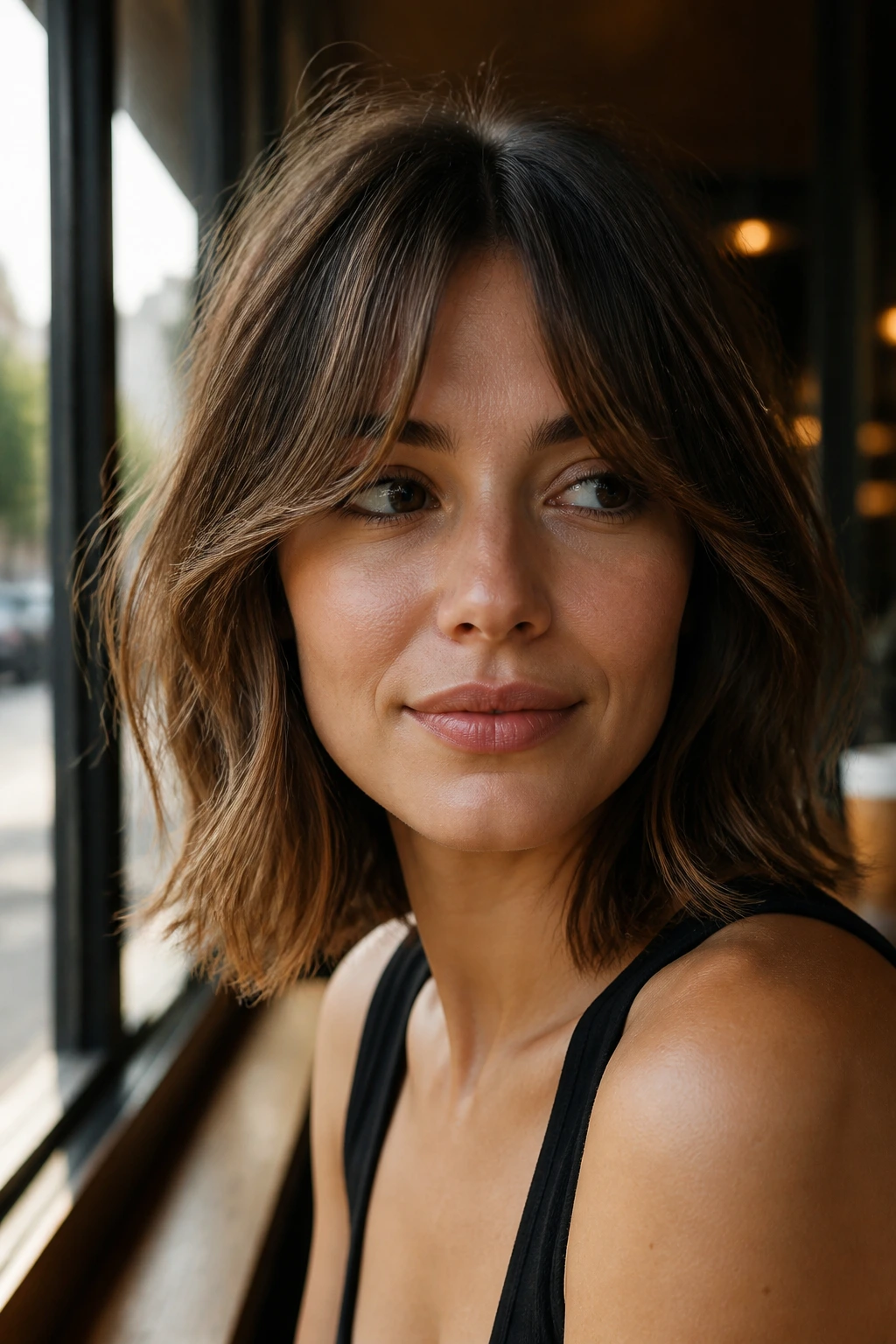 Portrait of a person with curtain bangs integrated into a textured lob.