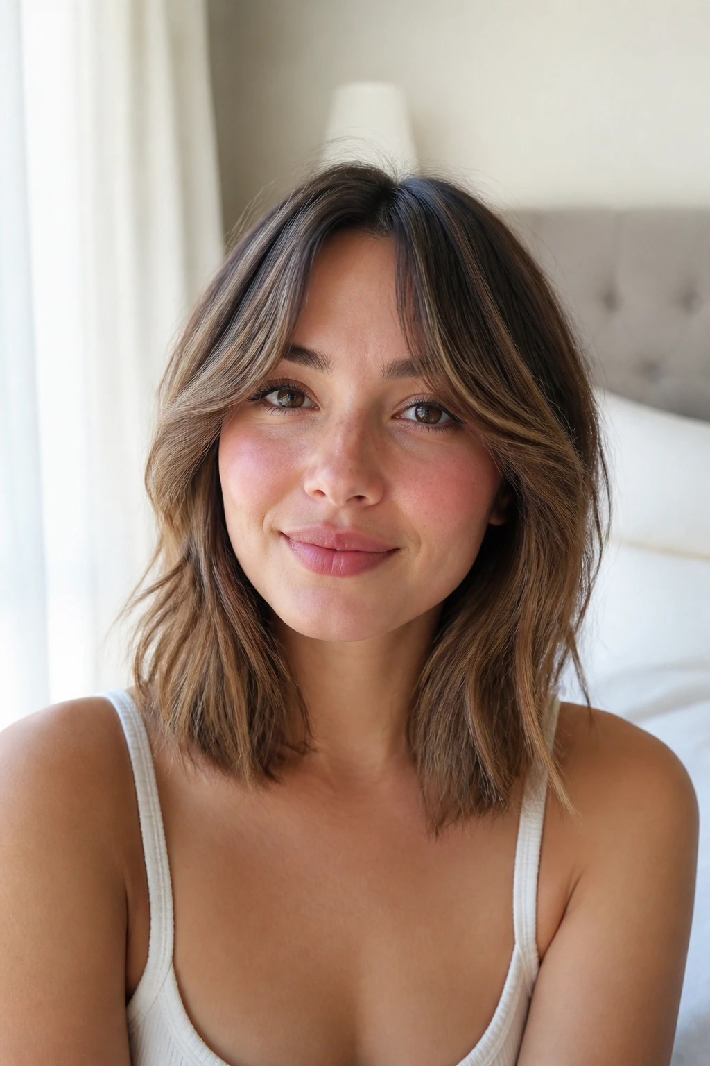 Close-up portrait of a person with lob and curtain bangs in a bright bedroom