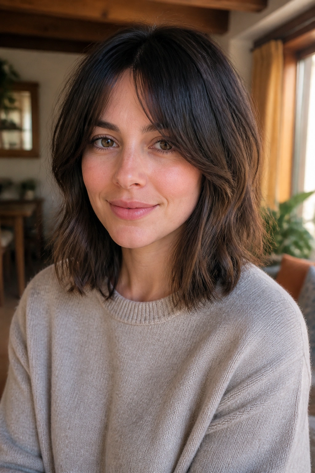 Close-up portrait of a real woman with lob haircut and jaw-brushing curtain bangs in warm window light