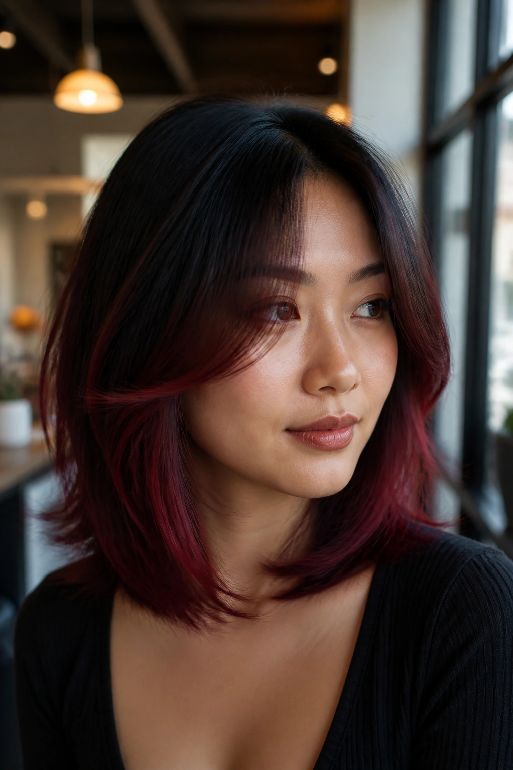 Close-up of a real woman with black-rooted cherry red lob and curtain layers
