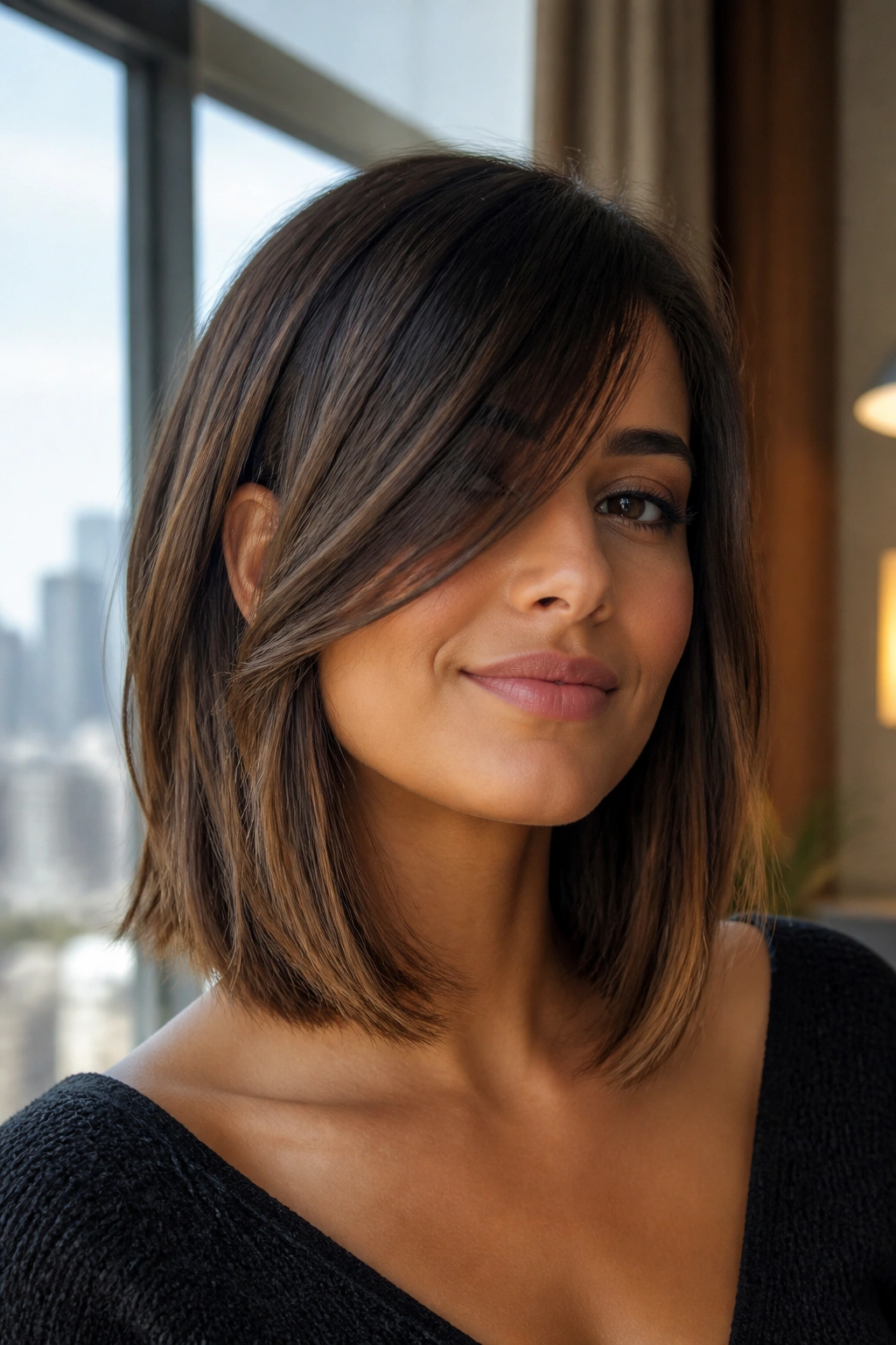 Portrait of a real woman with a lob and diagonal fringe in a bright apartment.