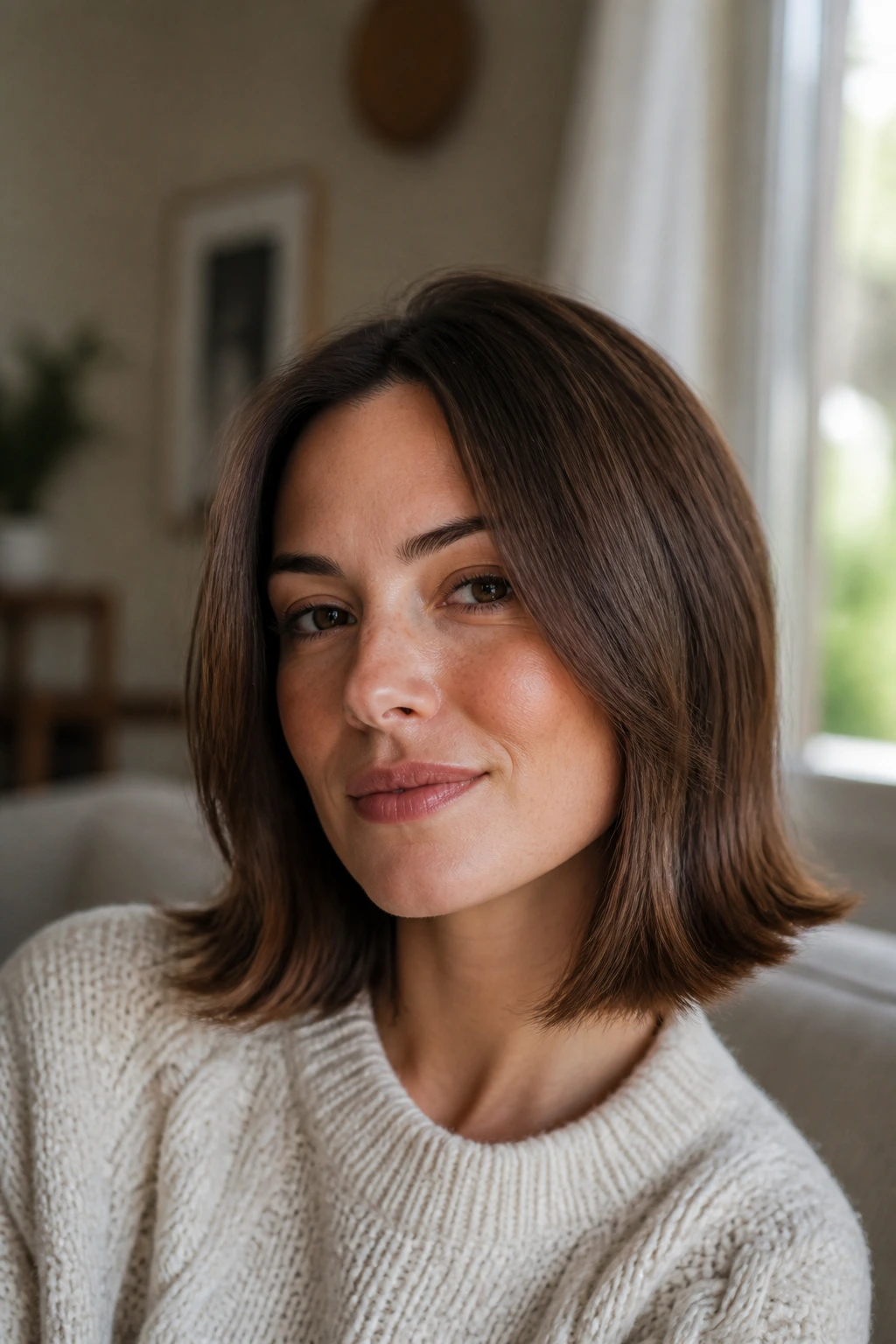 Close-up portrait of a real woman with a lob and flipped ends