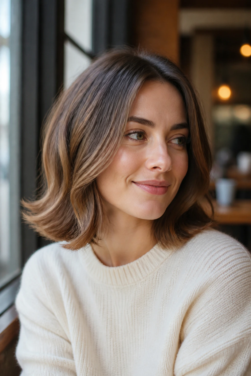 Close-up of a real woman with a collarbone-length flipped-out lob